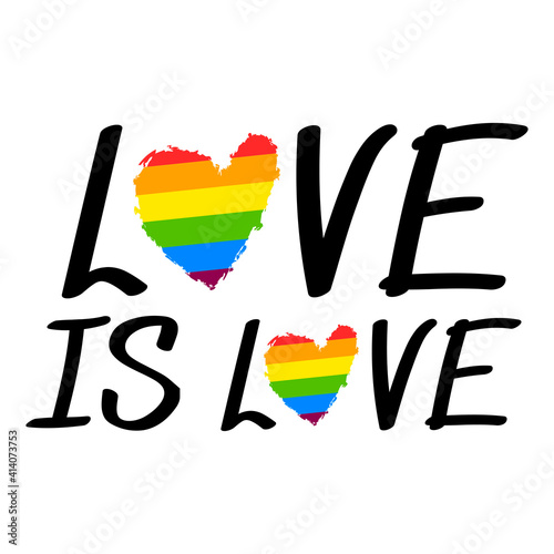 love is love lettering, rainbow-colored typography banner. multicolored heart. happy pride day. LGBTQ Pride Month. rainbow flag