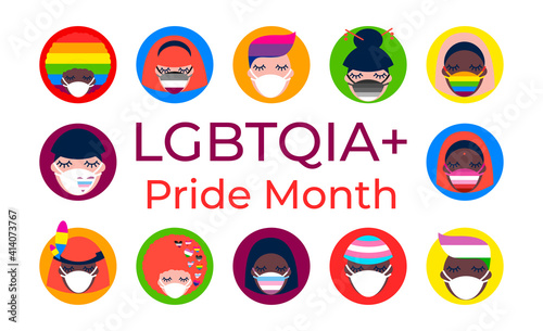 illustration with people of different nationalities in medical face masks keeping distance. LGBTQ Pride Month. Coronavirus pandemic. Covid-19