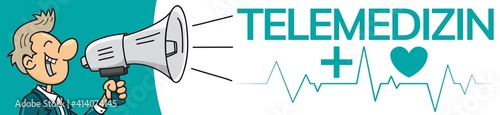 TELEMEDIZIN Banner, Mann mit Megafon macht Werbung, eHEALTH, Elektrokardiogramm, Herz, Vektor, Illustration