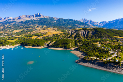 Aerial landscape with Serre-Poncon Lake and Alps, France photo