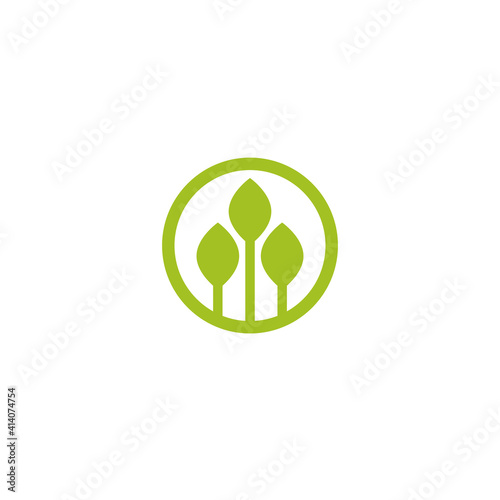 three line sprouts, sprigs, raw with leaves in green circle. Icon isolated on white.