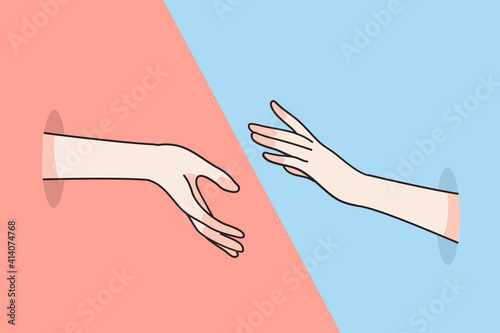 Helping hand, meeting, teamwork concept. Diverse human hands reaching to each other trying to touch by fingers meaning unity cooperation support over red and blue vector illustration 