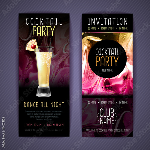 Cocktail menu design with alcohol ink texture. Marble texture background. Pina colada