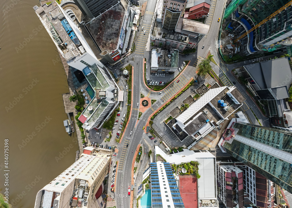 Top down aerial view of road network at the famous Golden Triangle In Kuching City, Sarawak