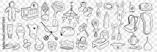 Infant baby accessories and toys doodle set. Collection of hand drawn bed, toy, jumpsuit, stroller, beanbag, nipple, undershirt, diaper isolated on transparent background