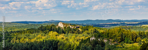Panorama of Podzamcze and Gora Birow Mount ancient stronghold seen from Ogrodzieniec Castle in Silesia region of Poland