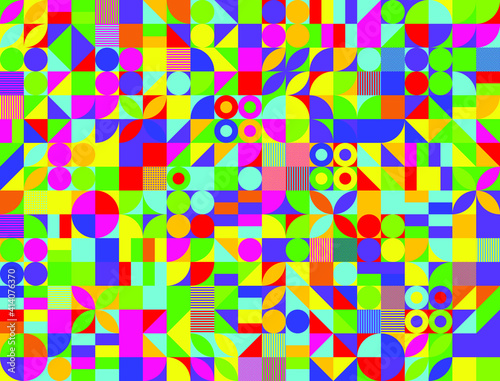 Colorful neo geometric poster. Grid with color geometrical shapes. Modern abstract promotional flyer background vector illustration. Geometric template poster, brochure neo pattern