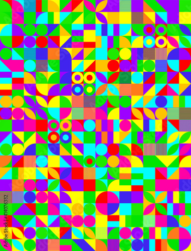 Colorful neo geometric poster. Grid with color geometrical shapes. Modern abstract promotional flyer background vector illustration. Geometric template poster, brochure neo pattern