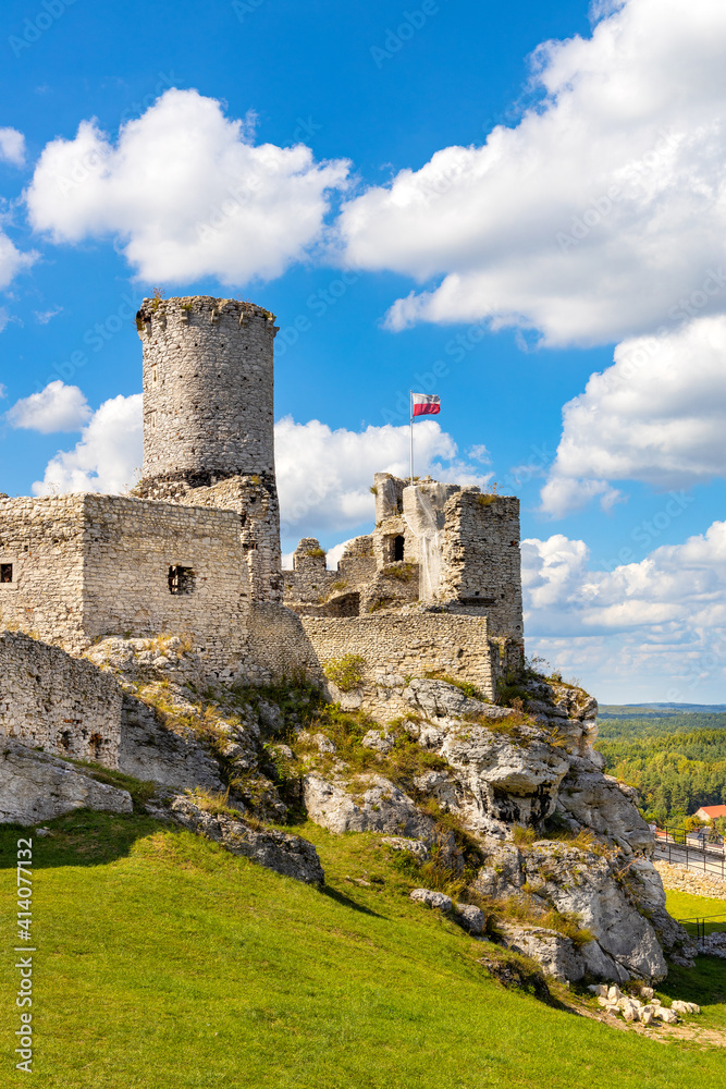 Panoramic view of medieval Ogrodzieniec Castle, part of Eagles’ Nests Trail at Cracow-Czestochowa upland in Podzamcze of Silesia region of Poland