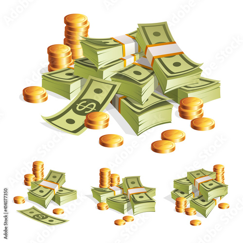 Packing in bundles of banknotes. Stack of gold coins. Illustration - money isolated on white background.