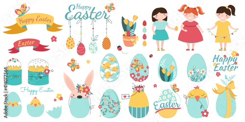 Happy Easter set. Cute girls, easter  cake and eggs with flowers on a white background. Spring holiday. 
