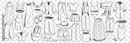 Female and male clothes and accessories doodle set. Collection of hand drawn garment dress pants jacket bags shorts headdress shoes swimwear jumpsuit skirts shirts for wearing isolated on transparent