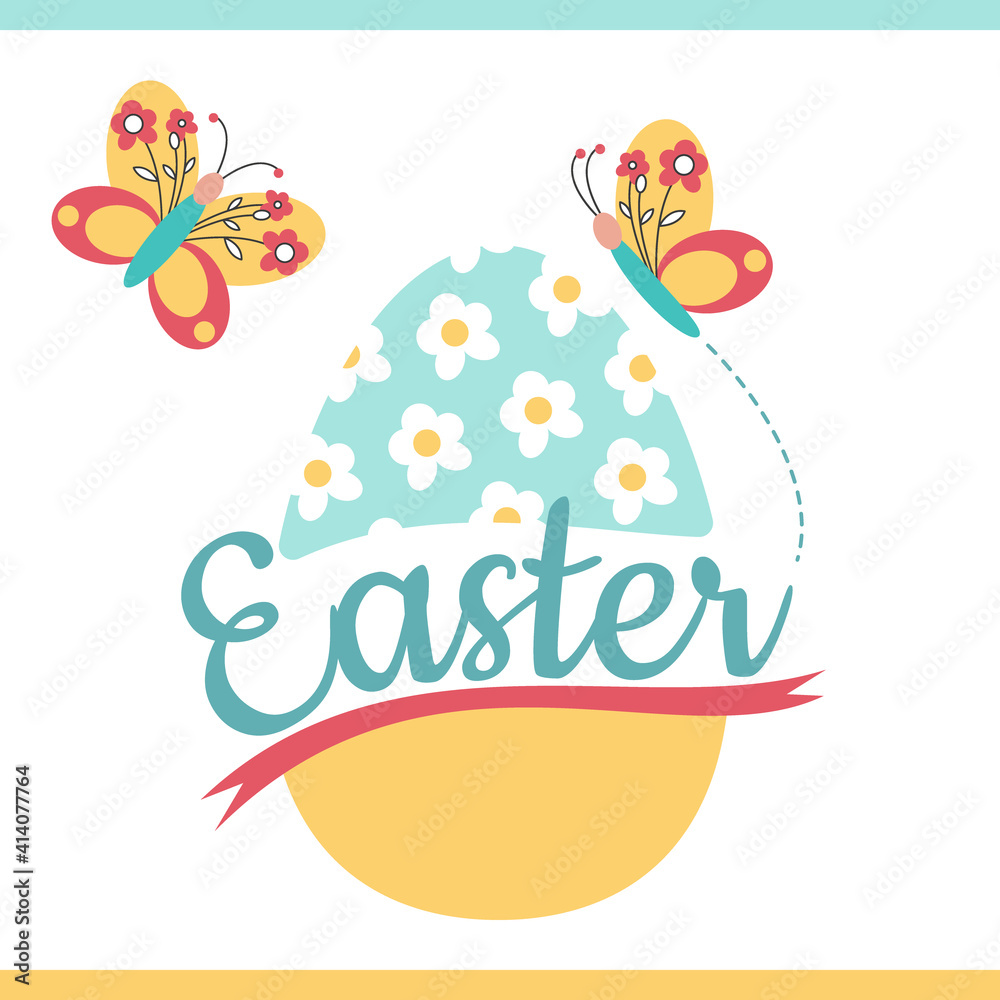 Easter egg with red ribbon, flowers and butterfly on a white background. Happy Easter. Holiday design collection for invitation, banner, poster.