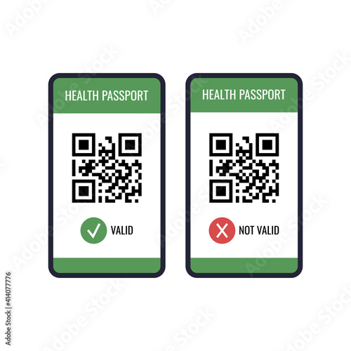 Health passport on mobile phone screen with qr-code and check mark valid and not. Health certificate app with online tracking coronavirus infection vaccine for tourism. Flat design vector illustration