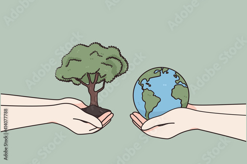 International day of charity and donation concept. Two human hands carefully holding green tree with ground and earth globe over green environment background vector illustration 