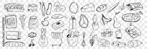 Foods from grocery purchase doodle set. Collection of hand drawn fresh bread cheese vegetables fruits eggs fish pizza cookies sweets salt dairy products bought in supermarket on transparent background