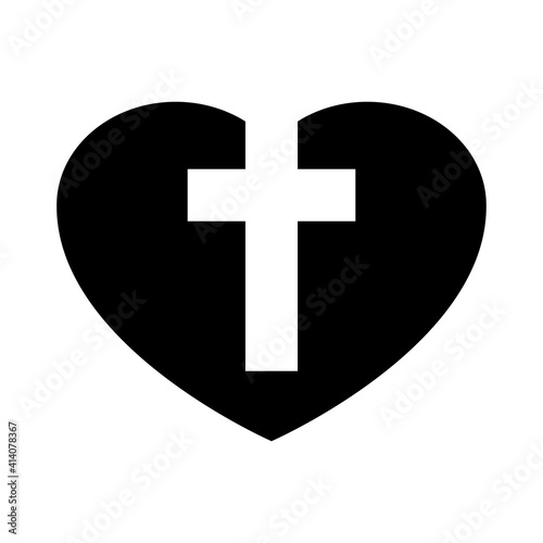 Amor cristiano. Logotipo con cruz en corazón en espacio negativo en color negro