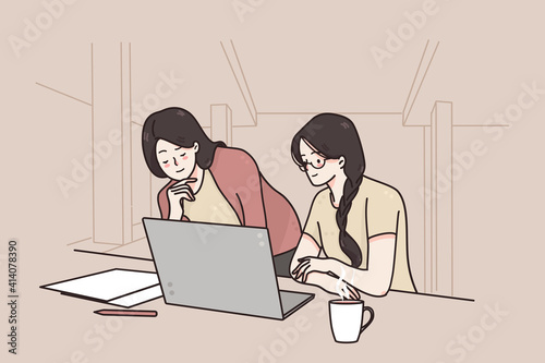 Teamwork, working in office, female company staff concept. Young smiling women office workers partners cartoon characters discussing project details together at laptop and documents illustration 