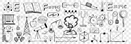 Science equipment and attributes doodle set. Collection of hand drawn formulas telescope scales architecture blueprints molecules gears equipment for laboratory and scientific research 