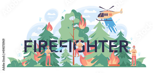 Firefighter typographic header. Professional fire brigade firhting with flame.