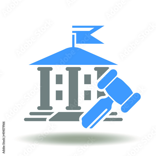 Building government with flag and gavel vector icon. Sanction symbol. Sanctions trade law sign. Administration illustration. Courthouse logo.