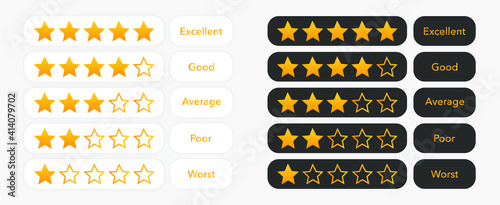 Five stars customer rating icons. Set of white and black badges for website and apps. 5 golden rating star on dark background.