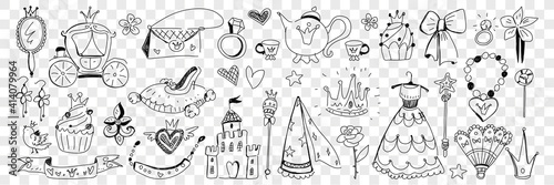 Princess clothes and lifestyle attributes doodle set. Collection of hand drawn castle dress crown cupcake mirror jewellery shield bag teapot bow and decorations isolated on transparent background