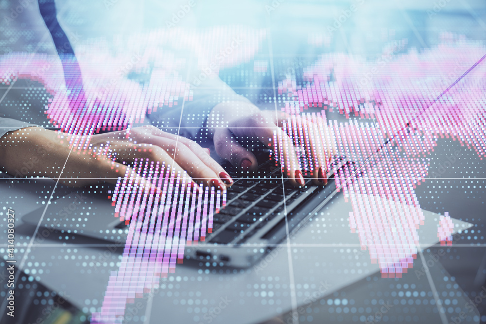 Multi exposure of woman hands typing on computer and business theme hologram drawing. Success concept. Multi exposure of woman hands typing on computer and business theme hologram drawing. Success concept.
