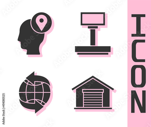 Set Warehouse, Delivery man with cardboard boxes, Worldwide and Scale icon. Vector.