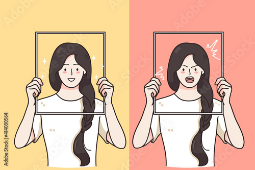 Mental changes, Contrasts in mood concept. Women holding frames with happy laughing cheerful and angry aggressive furious expression of faces over yellow and pink background vector illustration 