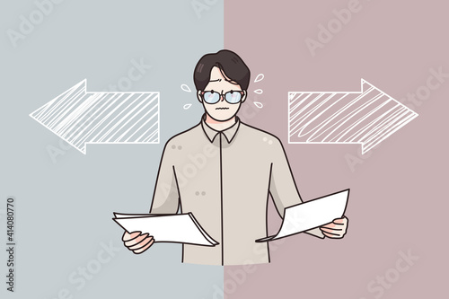 Choice, business decision, different ways concept. Frustrated businessman in glasses holding documents in hands trying to choose right or left direction feeling doubt and stress illustration 