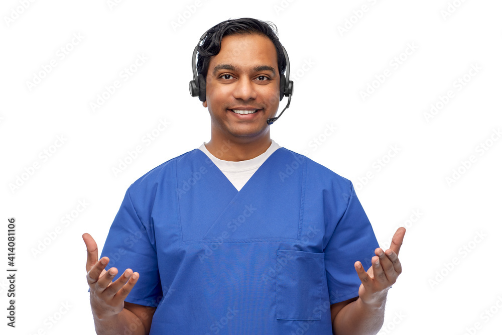 medicine, profession and healthcare concept - happy smiling indian doctor or male nurse with headset over white background medicine, profession and healthcare concept - happy smiling indian doctor or male nurse with headset over white background