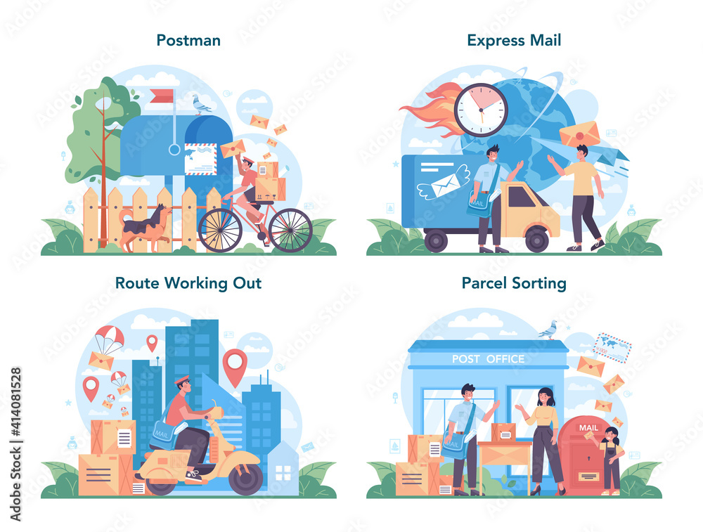 Postman profession set. Post office staff providing mail service, accepting