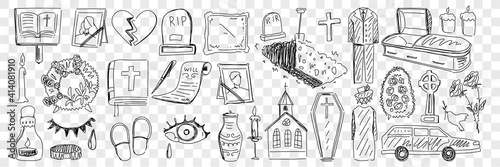 Funeral and cemetery attributes doodle set. Collection of hand drawn coffin candle church cemetery memorials will grief hearse and process of funeral isolated on transparent background