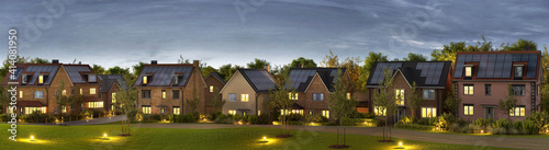 Beautiful new homes with solar panels in suburban neighborhood. Night view