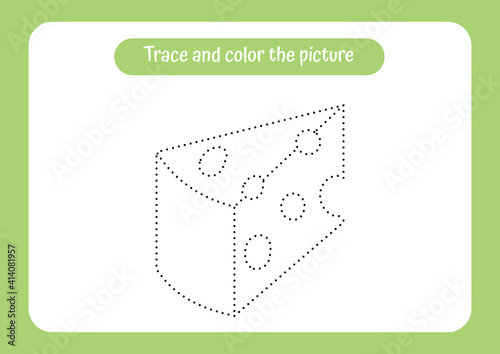 Cheese. Trace and color the picture. Educational game for children. Handwriting and drawing practice. Food theme activity for toddlers, kids.