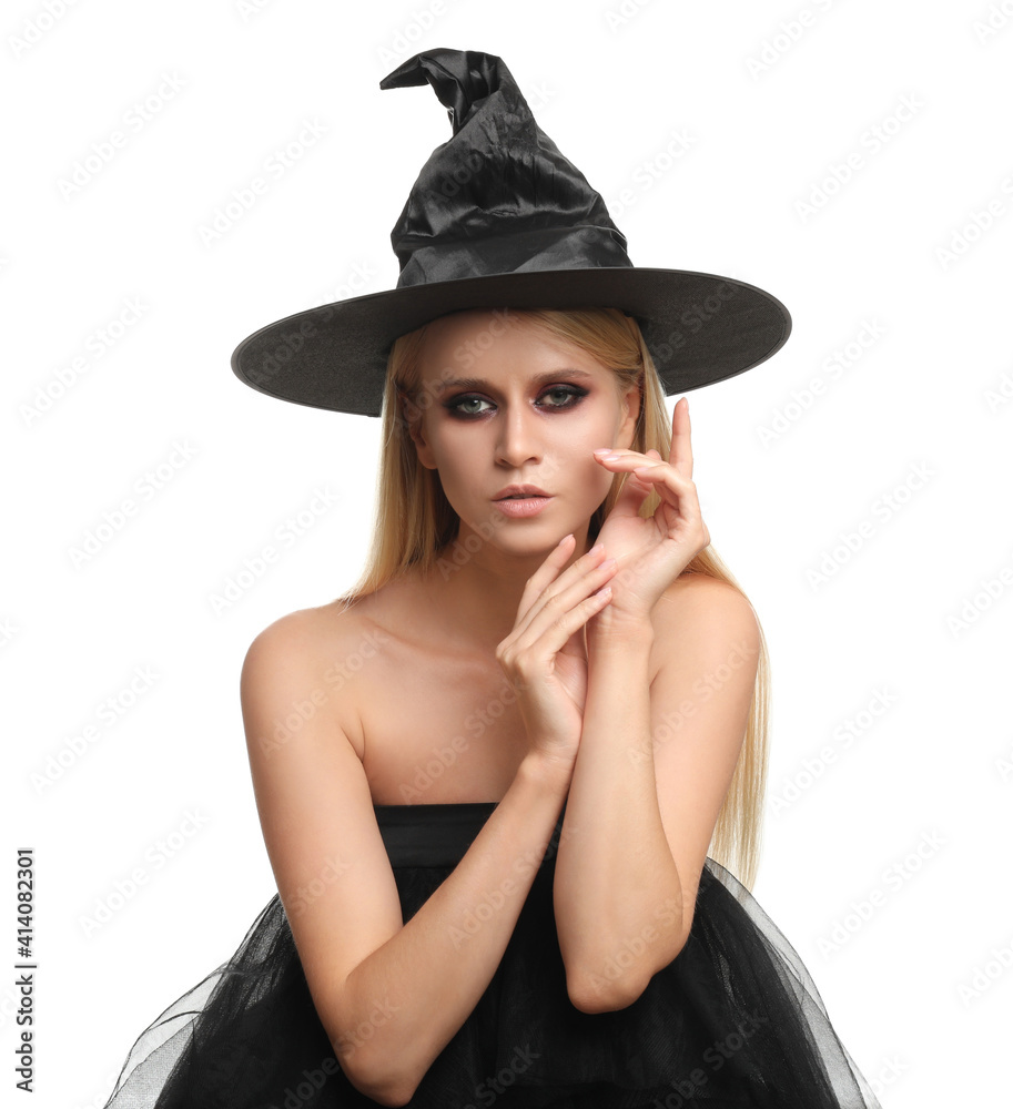 Witch in black hat isolated on white. Scary fantasy character Witch in black hat isolated on white. Scary fantasy character