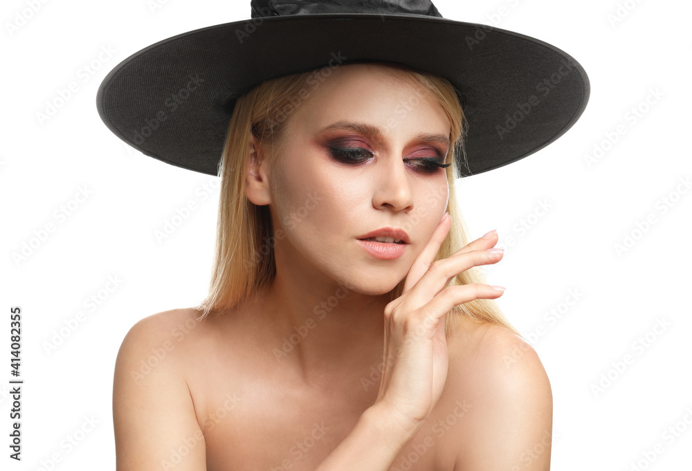 Witch in black hat isolated on white. Scary fantasy character Witch in black hat isolated on white. Scary fantasy character