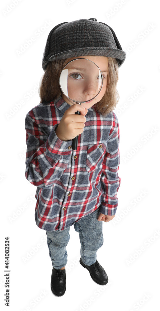 Cute little child in hat with magnifying glass playing detective on white background Cute little child in hat with magnifying glass playing detective on white background