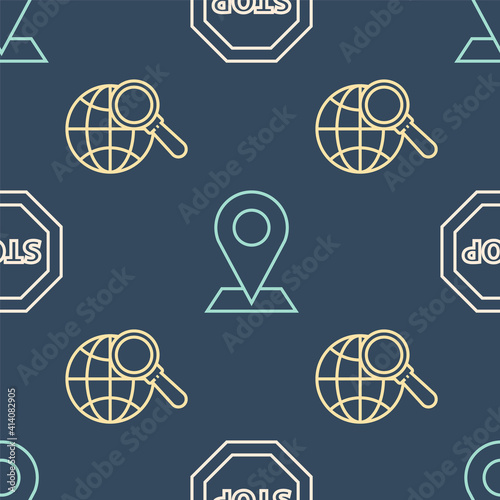 Set line Stop sign, Magnifying glass with globe and Location on seamless pattern. Vector.