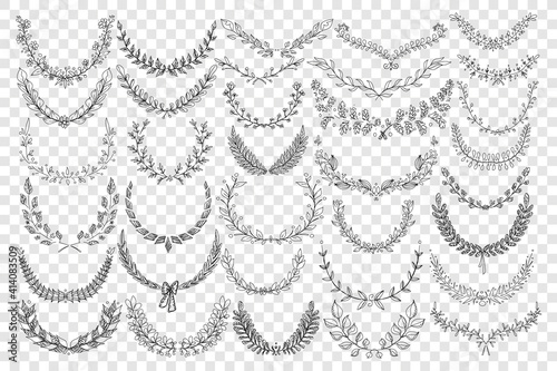 Natural leaves ornament doodle set. Collection of hand drawn elegant natural semicircle patterns wreaths ornaments for awards or decorations isolated on transparent background