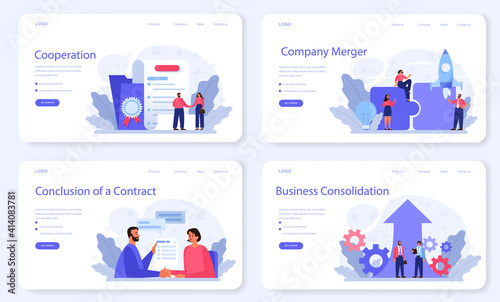 Business consolidation web banner or landing page set. Office characters