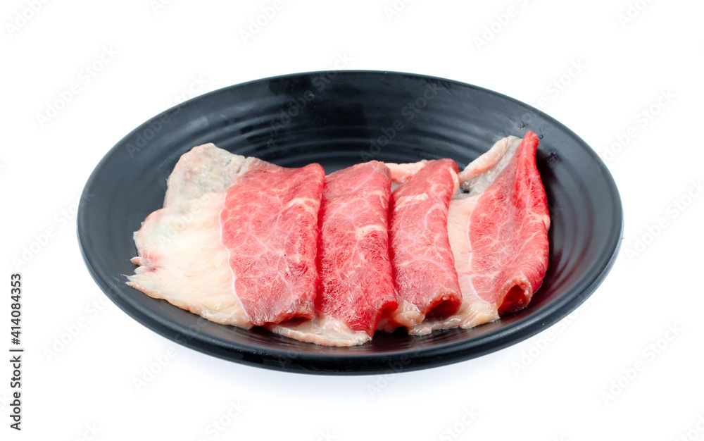 fresh raw pork meat beef sliced on square plate isolated on white background, shabu, hot pot ingredients