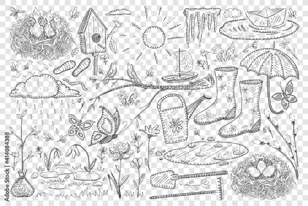 Spring and farming doodle set. Collection of hand drawn birdhouse butterflies boots umbrella shovel plants trees paper ships on puddle chicks in nest sun shining isolated on transparent background