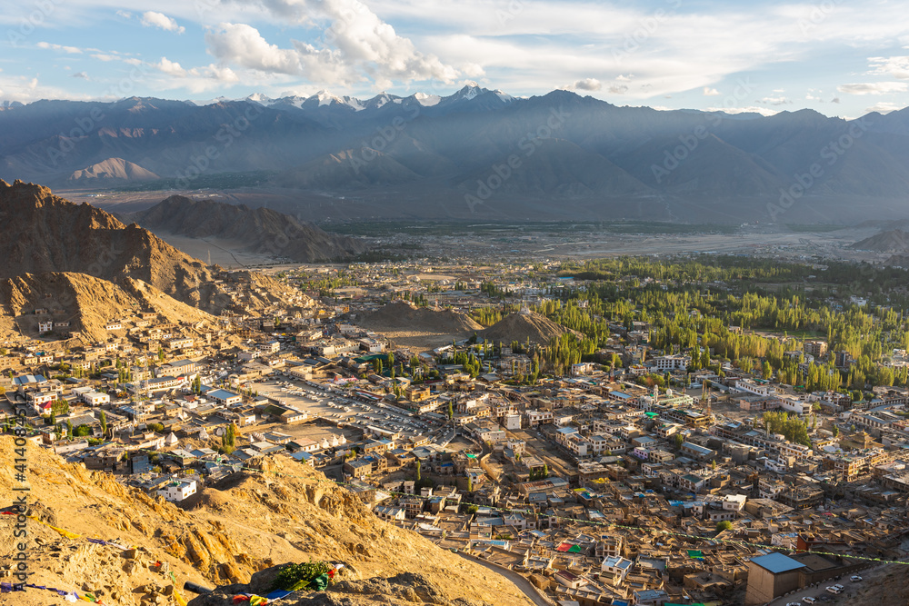 Top view of Leh city at sunset, summer season in Ladakh, Jammu Kashmir, India