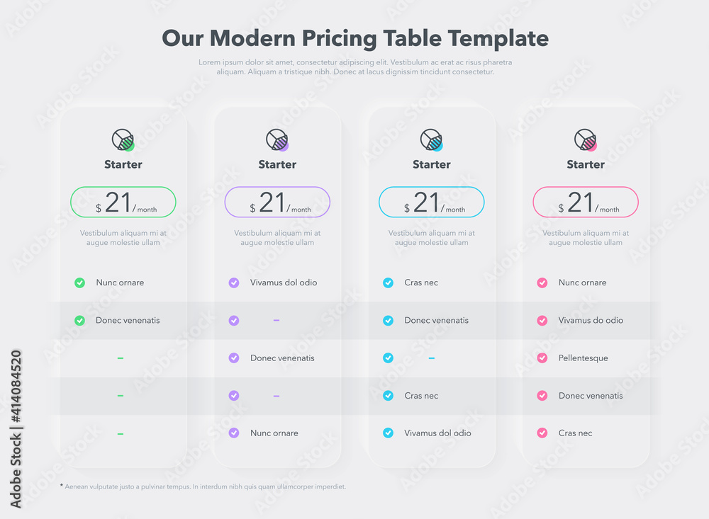 Simple pricing table layout with four subscription plans. Infographic design template for website or presentation.