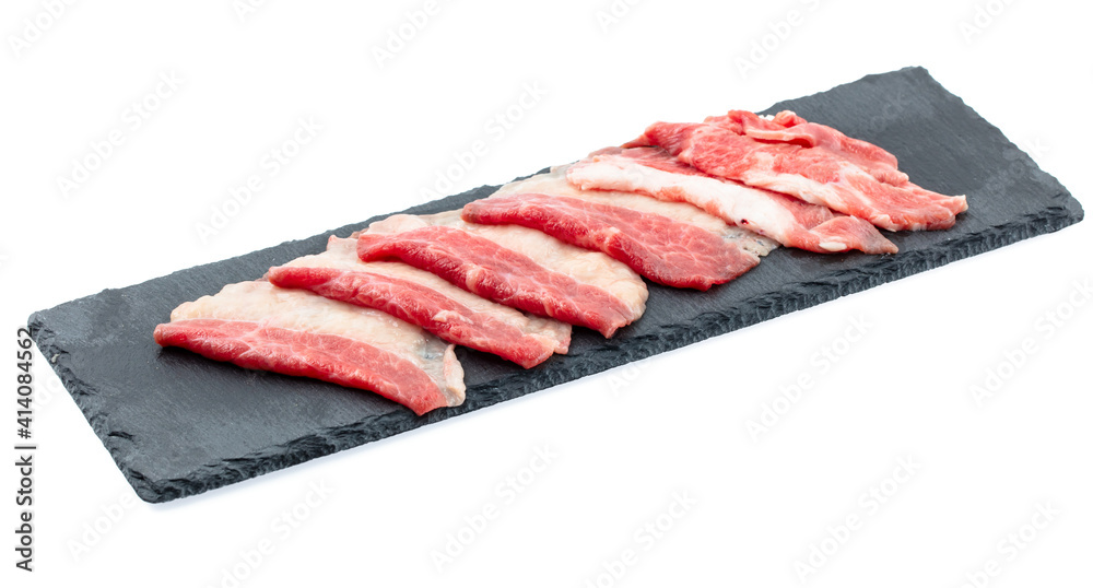 fresh raw pork meat beef sliced on square plate isolated on white background, shabu, hot pot ingredients fresh raw pork meat beef sliced on square plate isolated on white background, shabu, hot pot ingredients