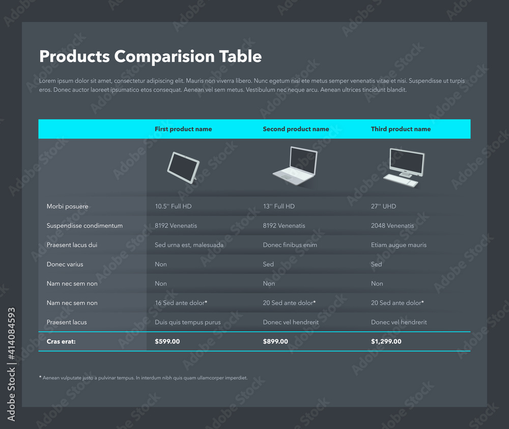 Three products comparison table layout with place for description ...