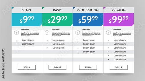 Web pricing table design for business .vector infographics template illustration for website, application.