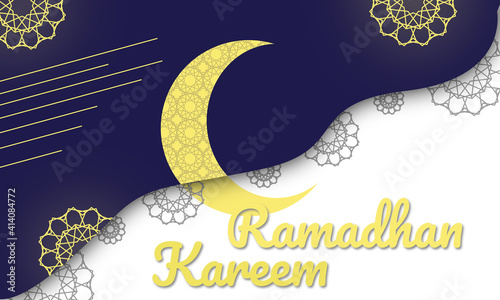 ramadan kareem islamic banner design. Ramadan Kareem vector card with 3d golden metal crescent, hanging stars, Arabic style arch with traditional pattern.